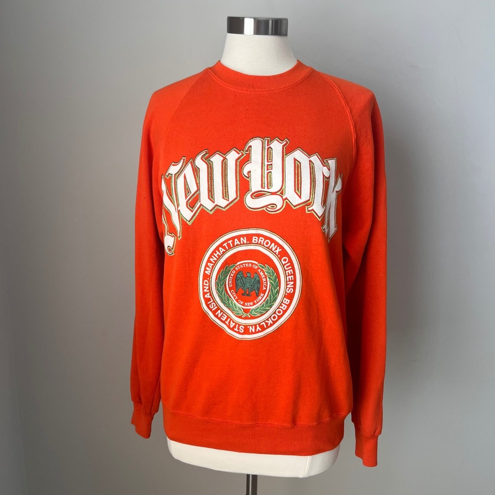 Vintage Y2K Russell Athletic New York City Five Boroughs Orange Sweatshirt L USA